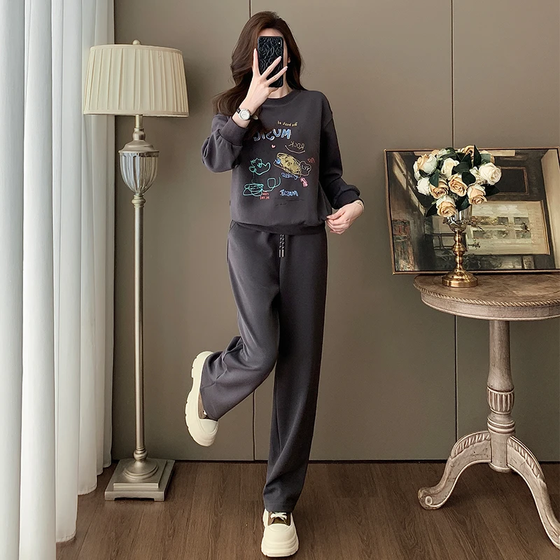 2025春秋时尚休闲运动套装女高级感加绒加厚圆领卫衣穿搭一整套