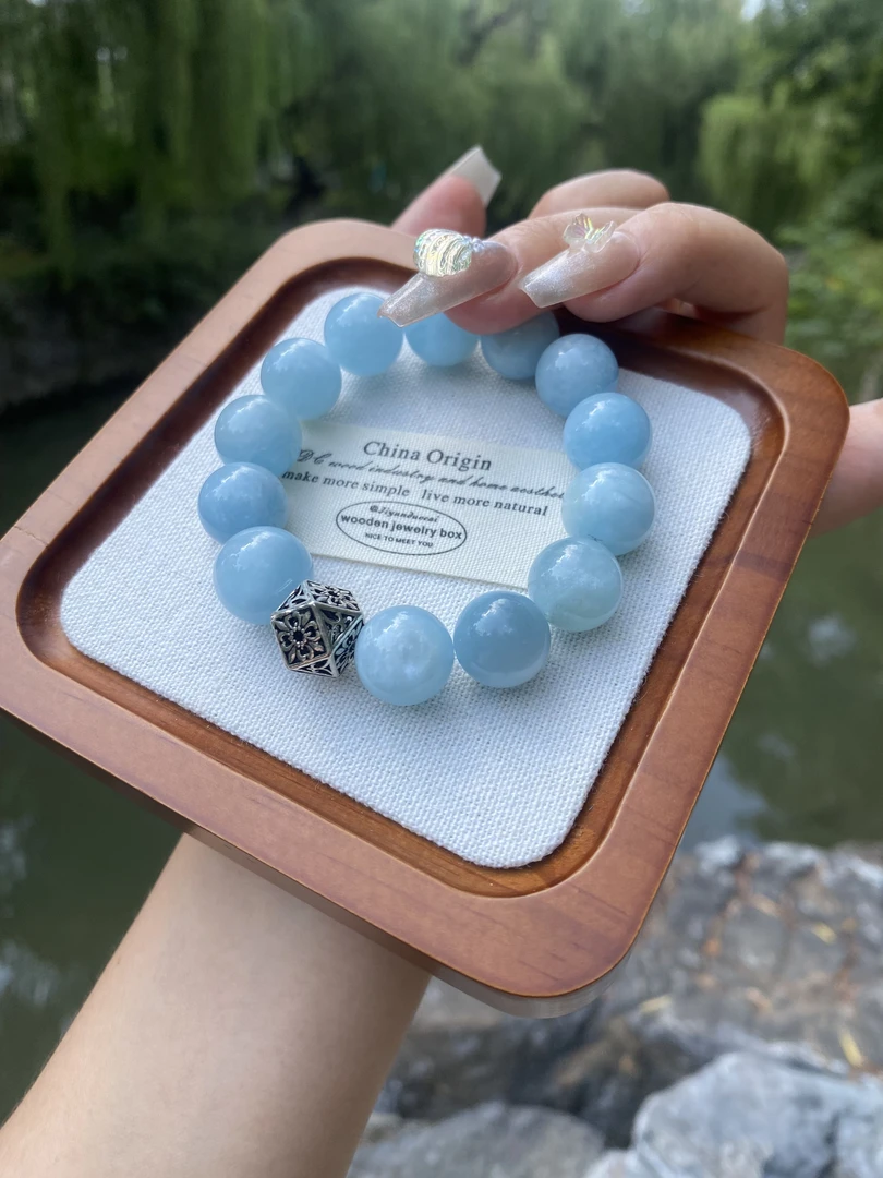 天然海蓝宝手串大颗粒单圈13mm925纯银配件小众设计简约大气款女