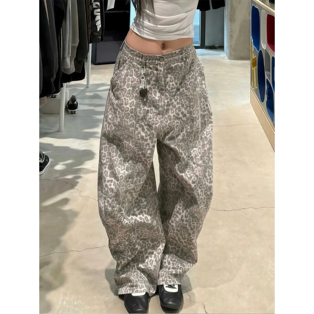 美式复古豹纹弯刀牛仔裤女夏季辣妹廓形松弛慵懒宽松阔腿拖地裤子