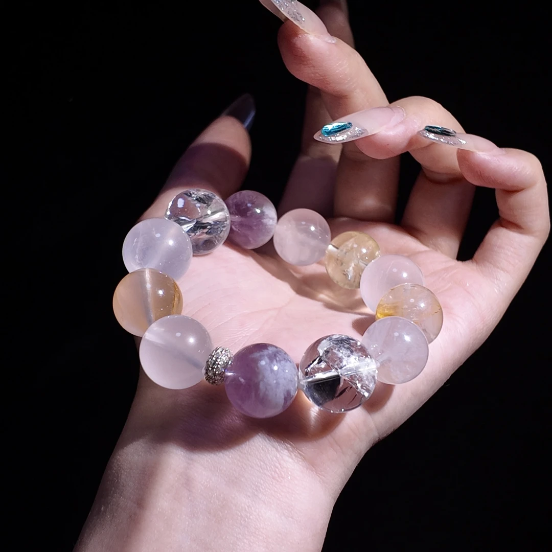 【仙姿玉色】天然水晶手链紫兔毛黄胶花粉水单圈原创爆款手串