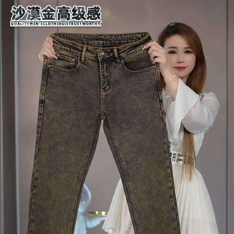 复古沙漠金牛仔裤男生秋冬季新款潮流修身裤弹力柔软时尚欧货裤子