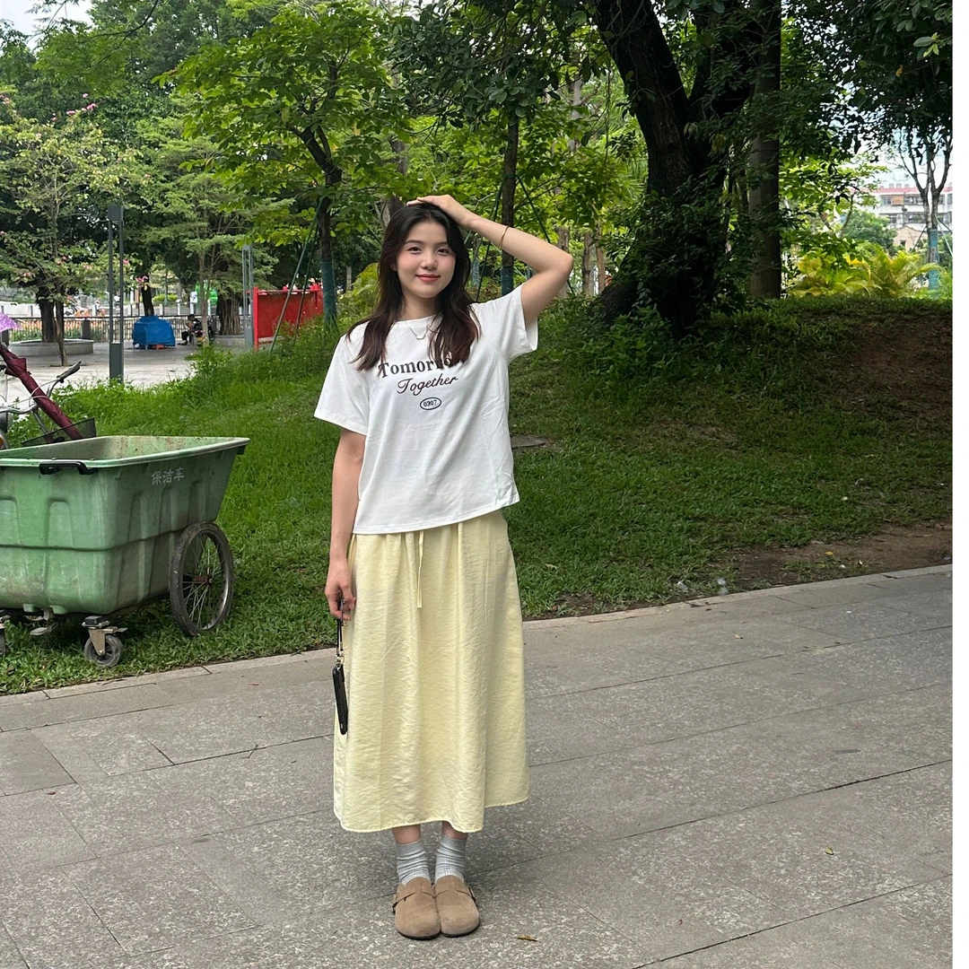 奶黄色松紧腰夏季半身裙带口袋（穿到140斤裙长86腰围64～80）