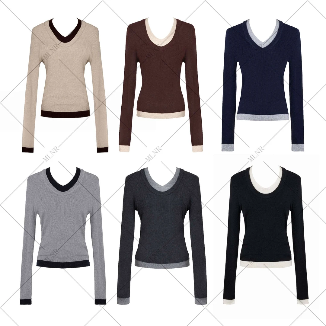 刘婆子店铺款 秋季V领假两件撞色修身显瘦针织长袖内搭上衣8107