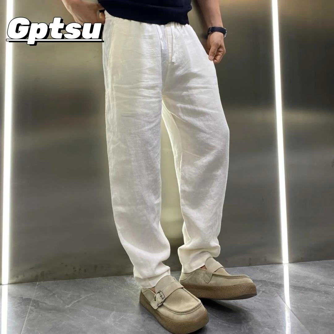 GPTSu夏季轻薄亚麻休闲裤男纯色百搭透气凉爽宽松痞帅弯刀小脚裤