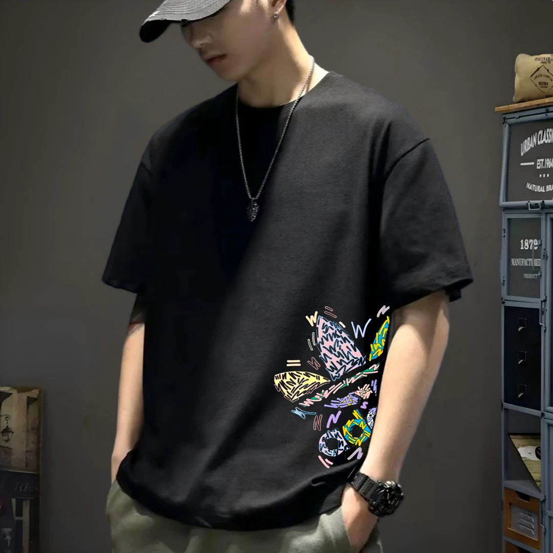 宽松黑色T恤纯棉潮男透气T恤简约美式港风国潮t恤时尚男士短袖