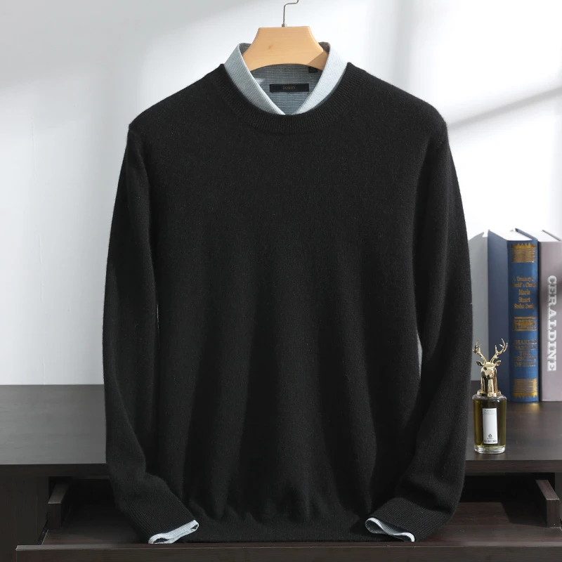 【上新特惠】男士纯山羊绒12针平面圆领纯色时尚针织长袖经典套头衫