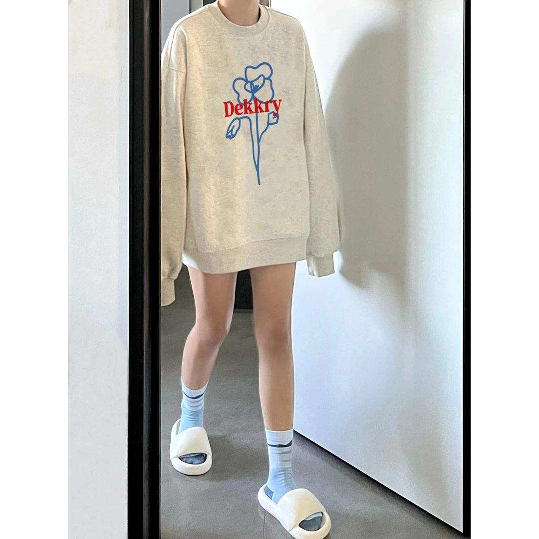 艺术感线条花朵字母印花圆领卫衣男女休闲百搭潮牌宽松套头上衣潮