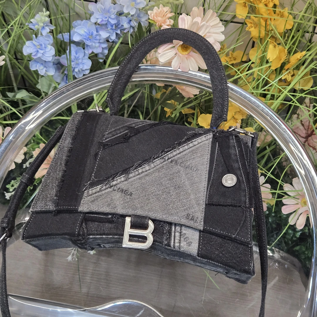 95新 Balenciaga/巴黎世家 达达/黑色牛仔拼接中号沙漏手提包