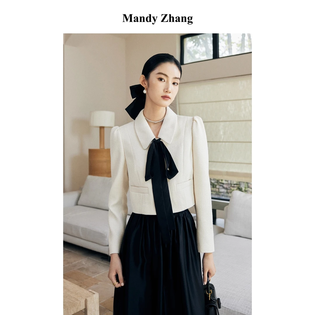 MandyZhang复古高定蝴蝶结飘带白色小香风外套女翻领轻奢气质上衣