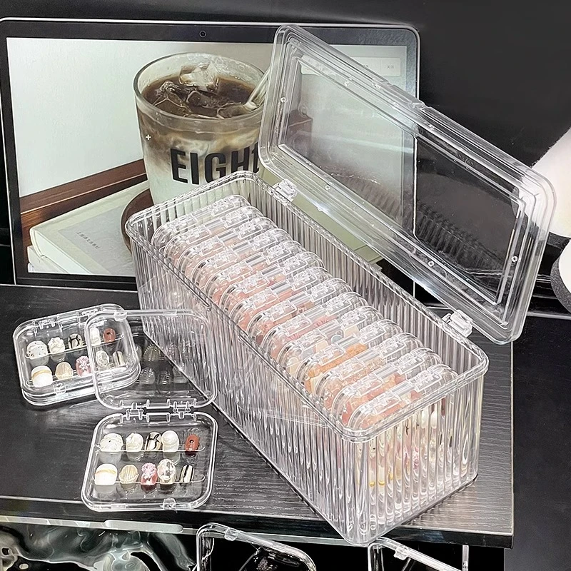 穿戴甲收纳盒透明带盖防尘美甲指甲贴整理架大容量美甲便携展示盒