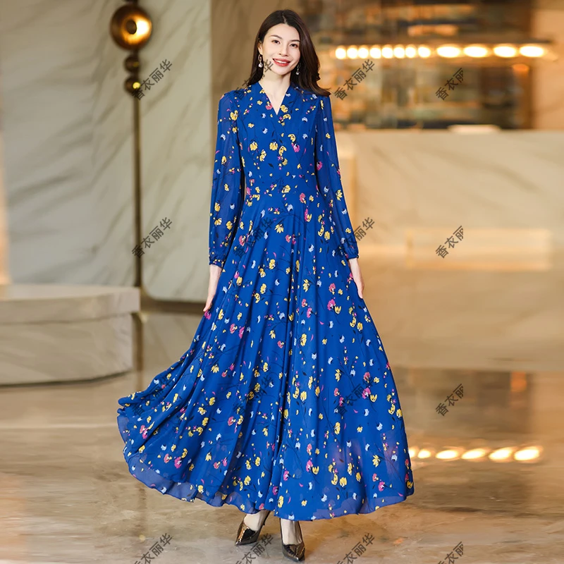 28A-蝴蝶兰春夏长袖花色V领过膝大摆连衣裙修身显瘦气质简约长裙