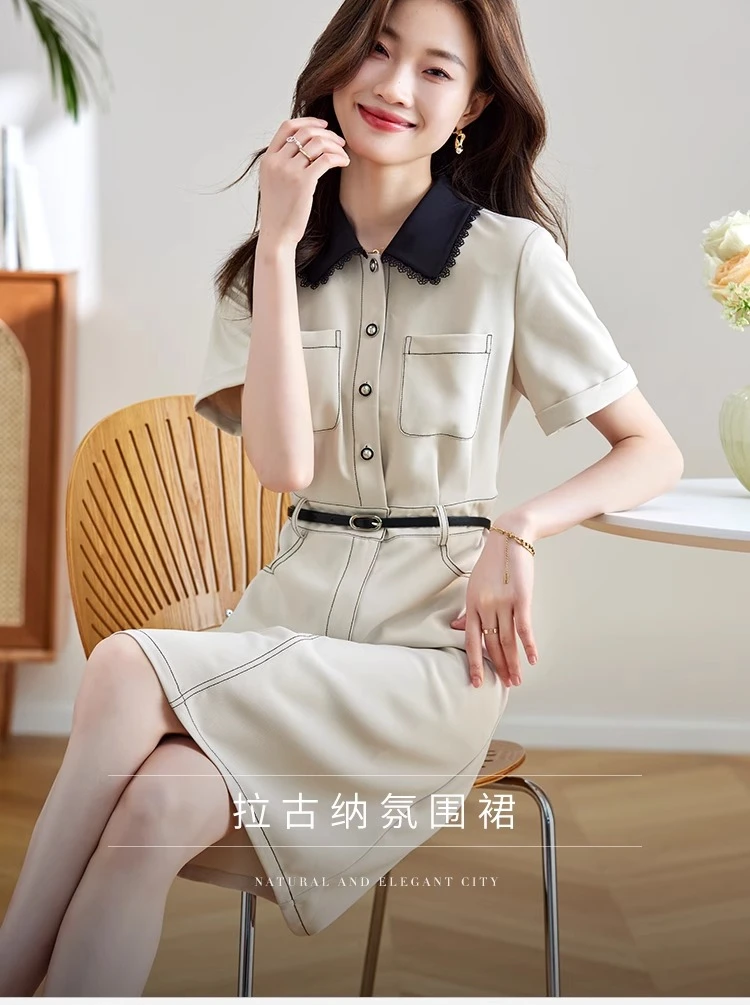0734休闲工装连衣裙女2025夏季新款小香风撞色花边衬衫领裙子女
