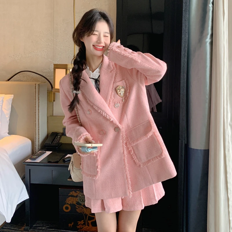 粉色西装外套短裤套装女2025秋季新款设计感小个子甜美减龄两件套