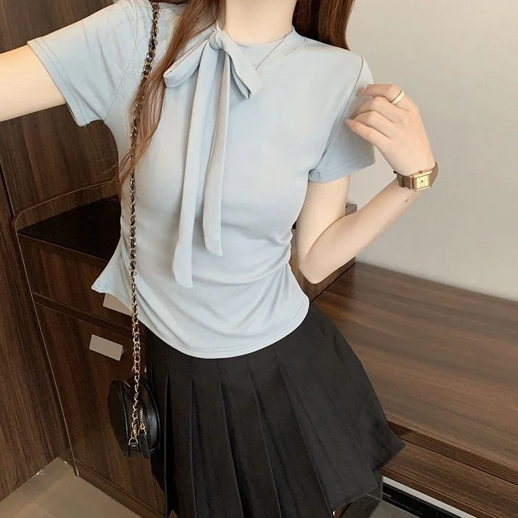 棉质蝴蝶结短袖T恤女夏季胖mm2025新款修身纯欲辣妹别致绝美上衣