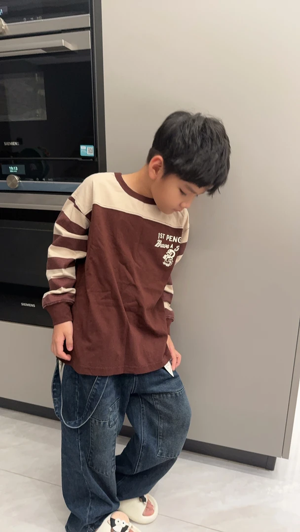【QB】2025秋季新款儿童拼色条纹百搭圆领卡通条纹长袖T恤休闲洋气