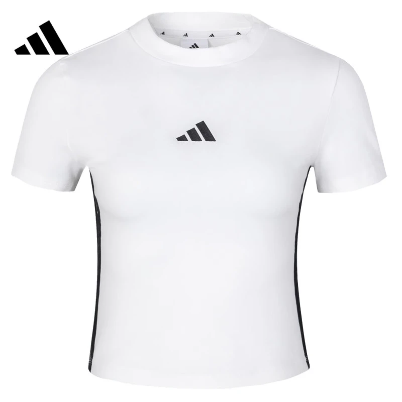 Adidas阿迪达斯女子经典修身高腰短款白色短袖T恤JY8571
