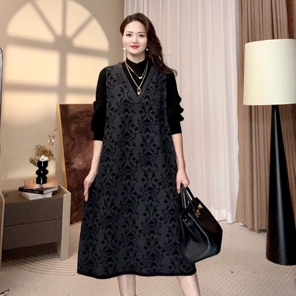 气质[繁花似锦]假两件保暖秋冬百搭显瘦气质女毛衣连衣裙-1258#