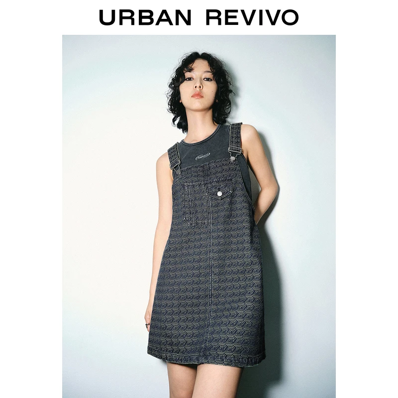 UR2025夏季新款女装复古图案肌理感蓝色牛仔背带裙UYY850080