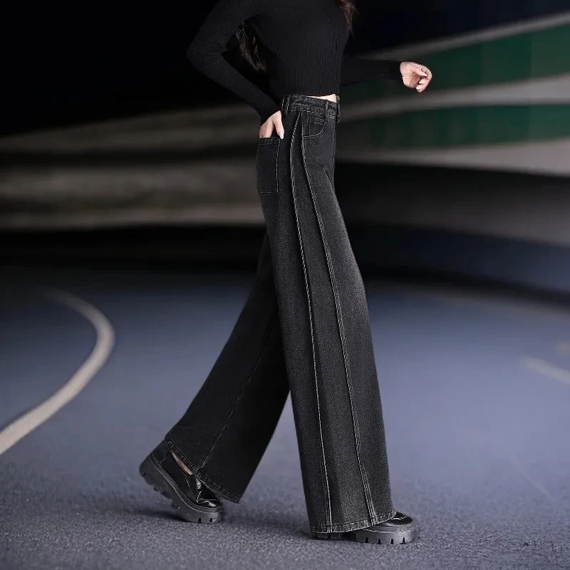 黑灰色牛仔裤女2025新款秋冬裤子宽松显瘦直筒裤高腰阔腿裤长裤女