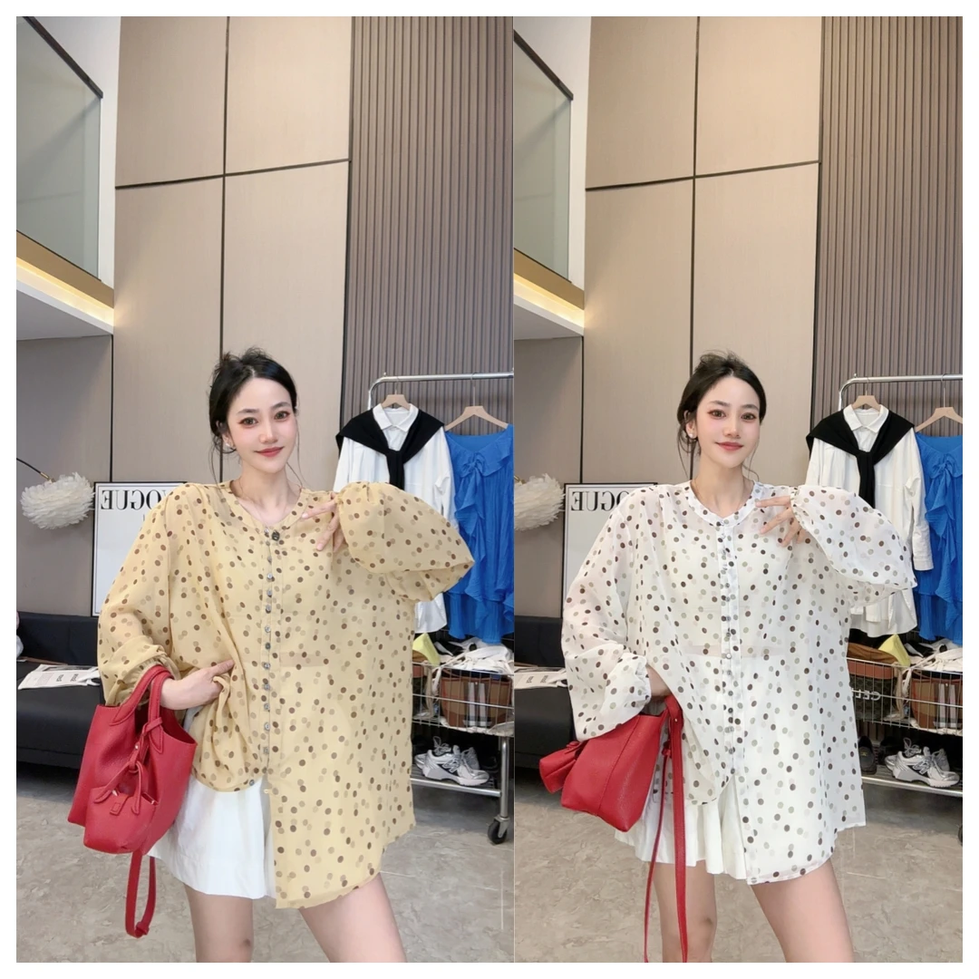 【明媚如夏】圆领波点印花设计感轻薄防晒衫长袖百搭衬衫