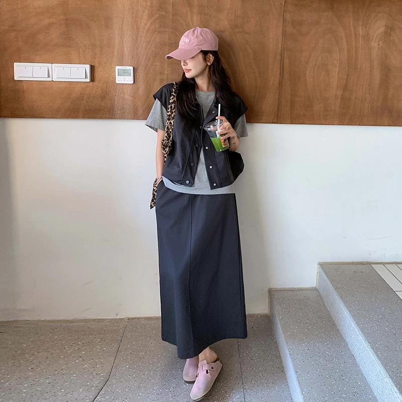深灰色韩版时尚甜酷风套装裙女2025春夏新款工装马甲半身裙两件套