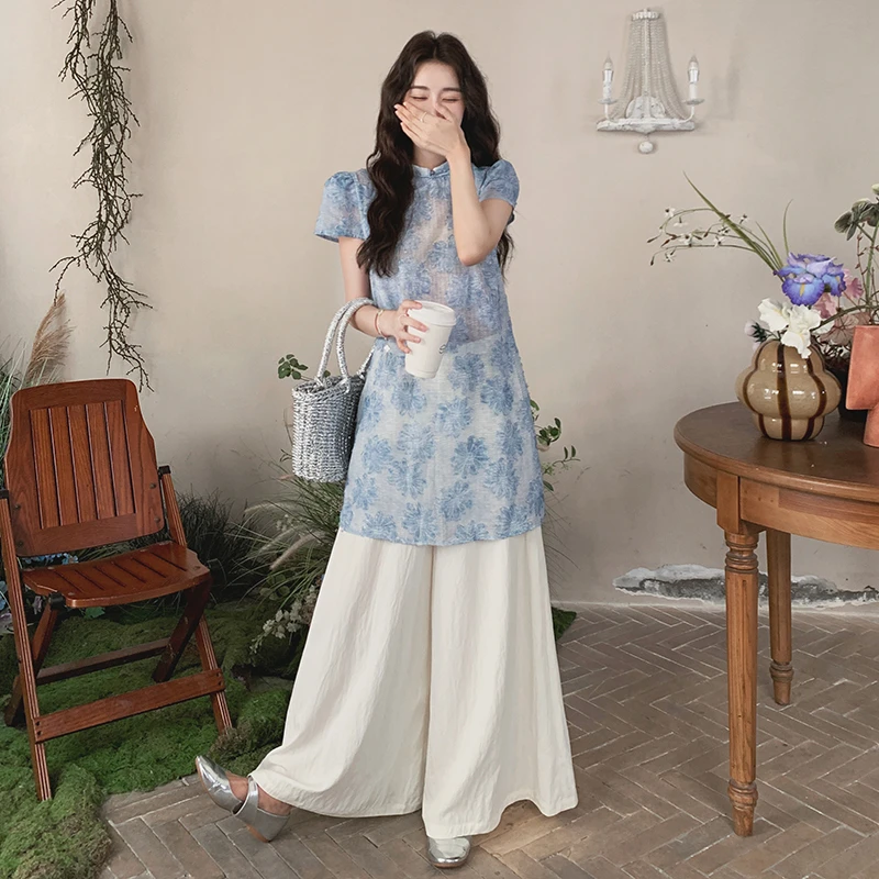 新中式浅蓝色提花旗袍上衣套装女2025夏优雅气质白色阔腿裤两件套