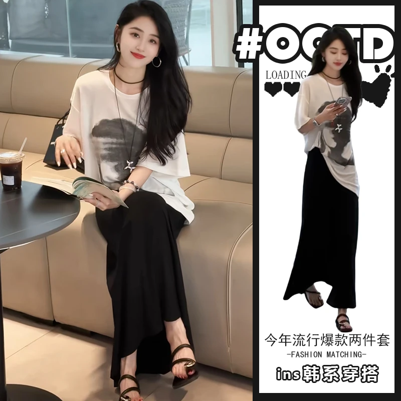 慵懒风休闲套装女2025夏季新款宽松印花短袖T恤高腰半身裙两件套