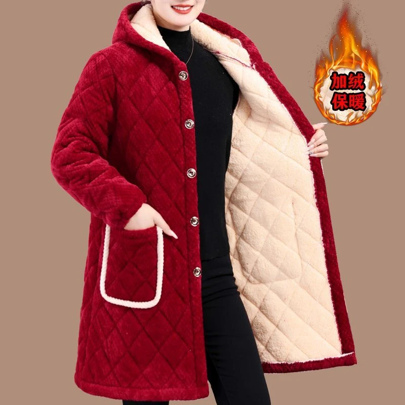 冬季棉服女加绒罩衣中长款耐脏宽松保暖大码棉袄妈妈装棉衣外套