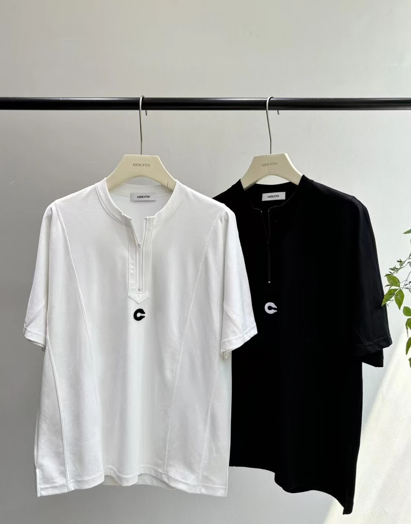 A6058 刺绣半拉链短袖T恤男夏季宽松显瘦休闲复古上衣