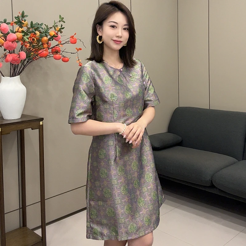 2025新中式圆领斜襟夏季复古国风连衣裙1061
