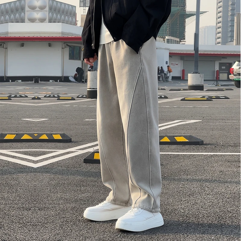 美式水洗晨雾灰牛仔裤男秋冬潮牌宽松复古拼接弯刀阔腿牛仔裤男款