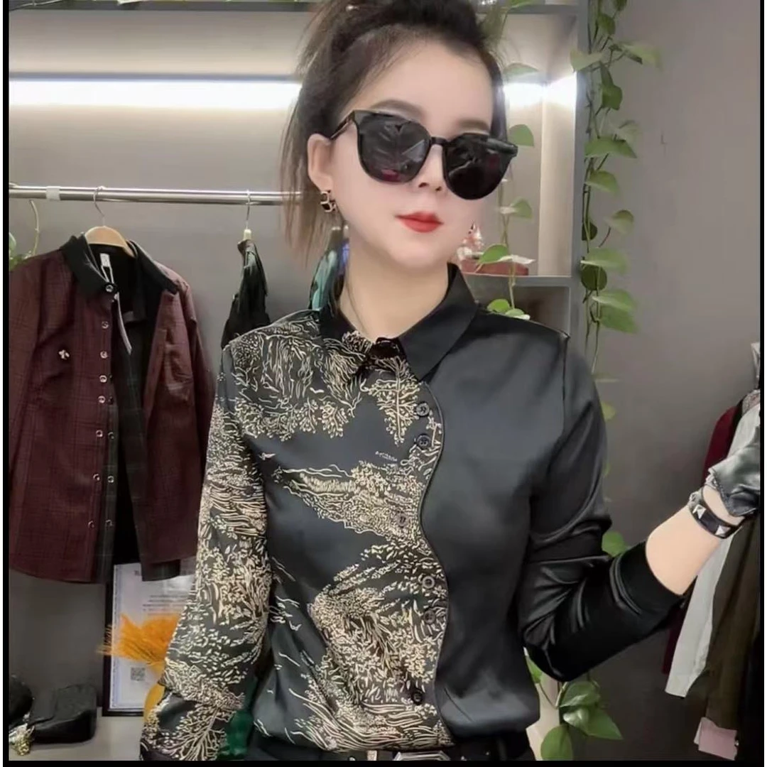 撞色拼接丝滑缎面印花衬衫女装上衣春秋新品潮流小众上衣衬衣潮范