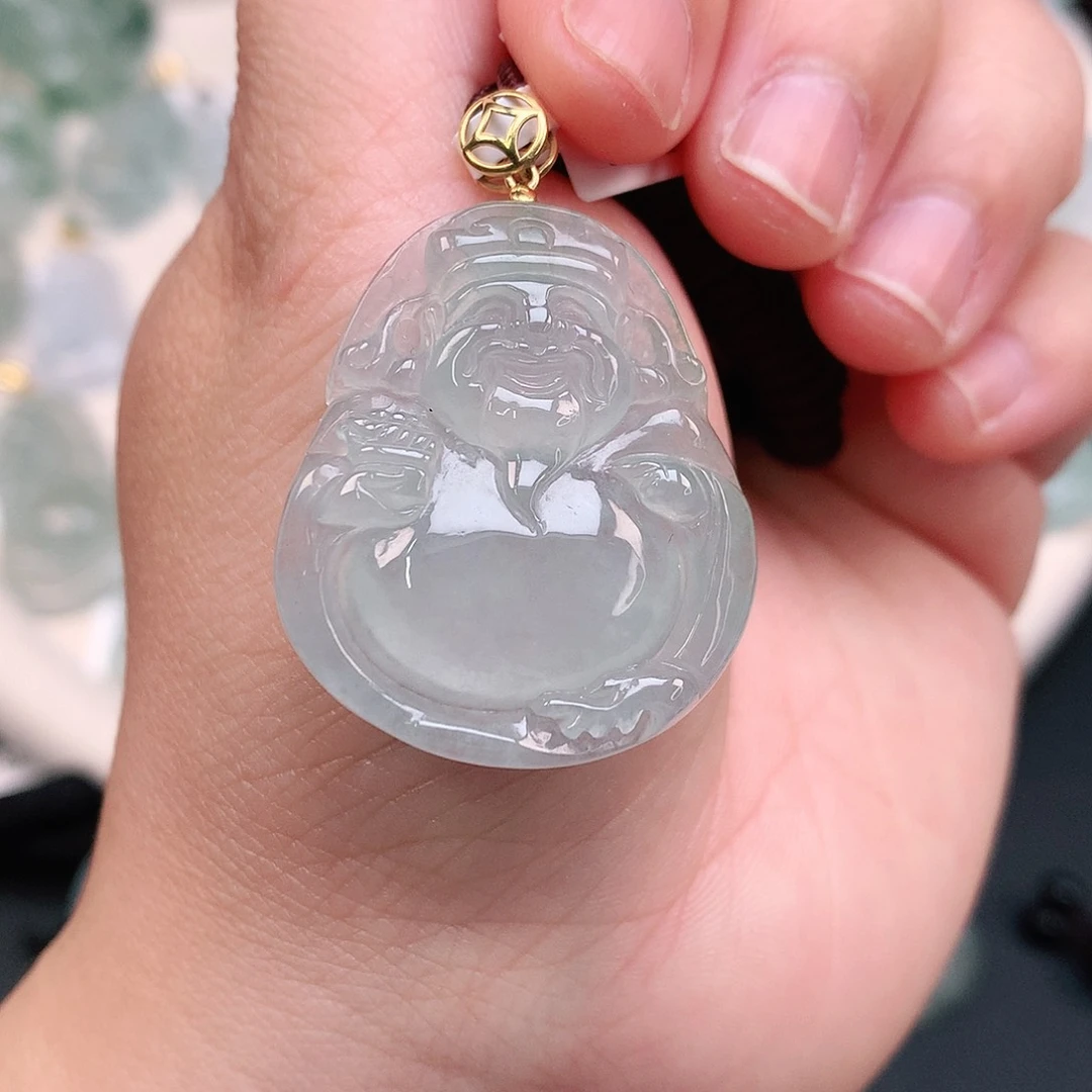 翡翠颈饰18K金镶嵌冰胶晴财神爷