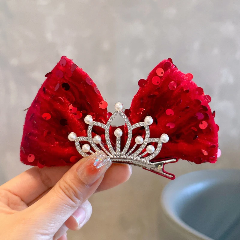 宝宝新年酒红超闪亮片皇冠公主风立体女童发夹顶夹儿童发饰蝴蝶结