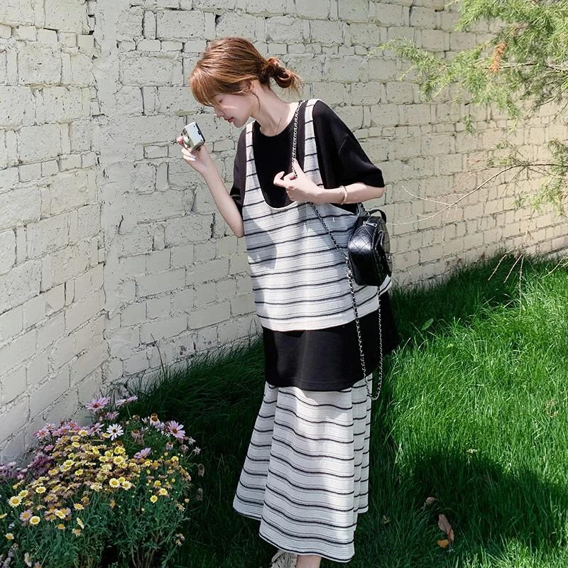 松弛感条纹拼接T恤半裙套装女2025夏季可两穿懒人穿搭休闲两件套