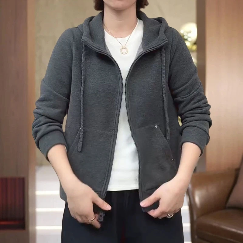 春秋新款简约日常百搭连帽外套大码女装抽绳设计显瘦遮肉休闲开衫