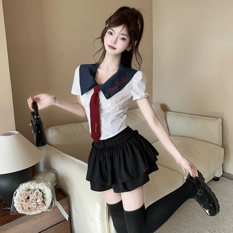 夜场女装半身高腰蛋糕裙女学院风新款夏季辣妹显瘦套装洋气两件套