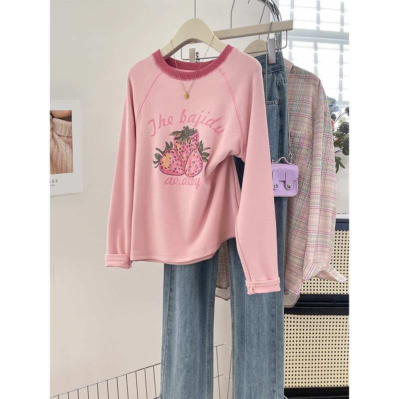 清新减龄草莓明线装饰设计感插肩长袖圆领T恤双面绒加厚打底上衣