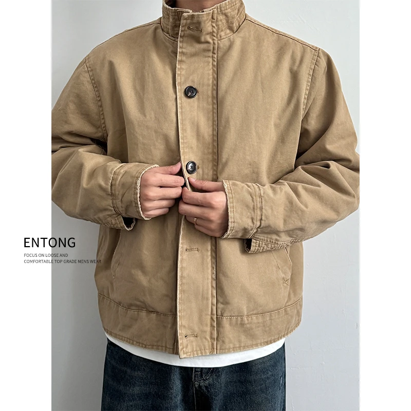 Entong美式复古重工水洗仿兔毛立领夹克棉服男秋冬保暖座山雕休闲