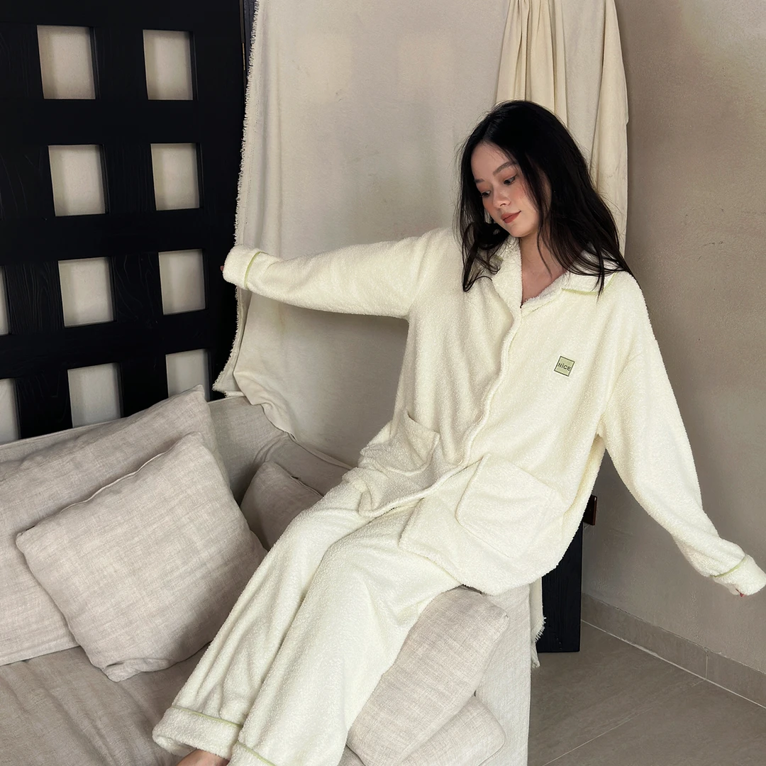 及好睡衣女秋冬季半边绒加厚长袖开衫家居服可外穿珊瑚绒保暖套装