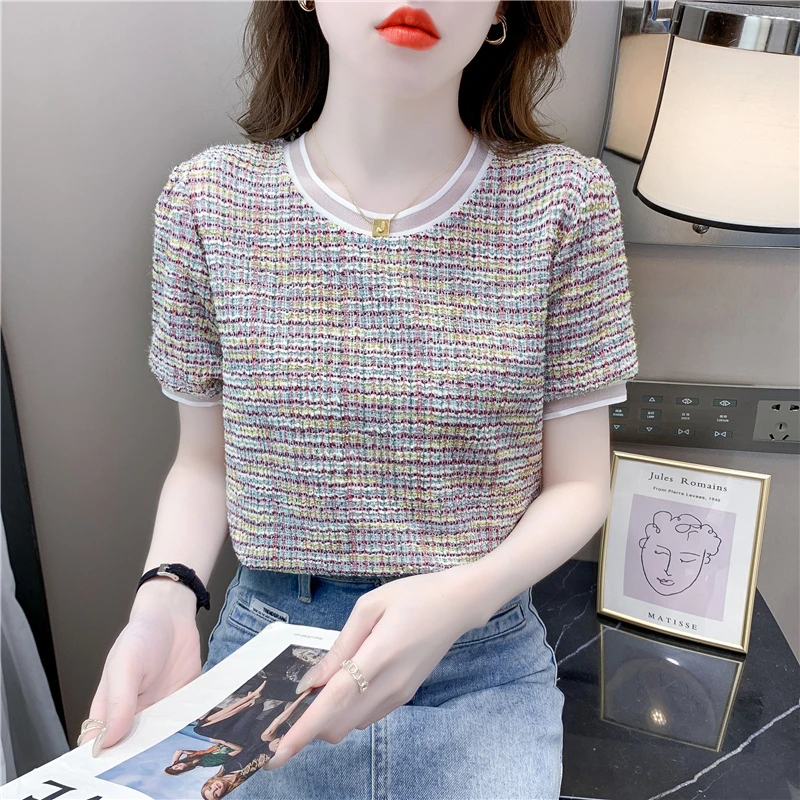 气质小香风粗花呢圆领短袖t恤女夏季2025年夏装新款时尚优雅上衣