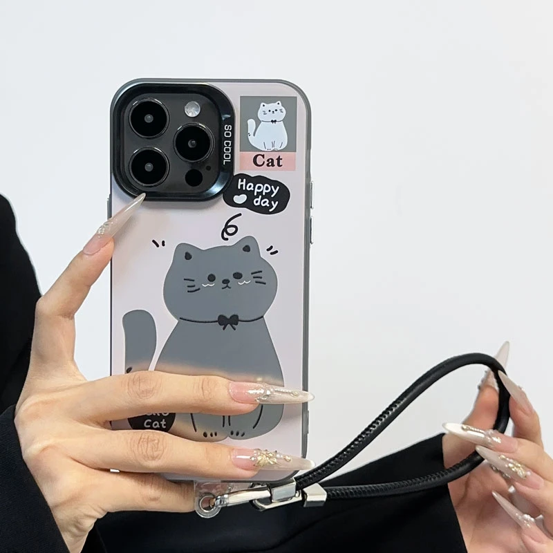 ins开心小猫适用苹果15PROMAX手机壳高级感华为P70斜挎壳IPHONE16
