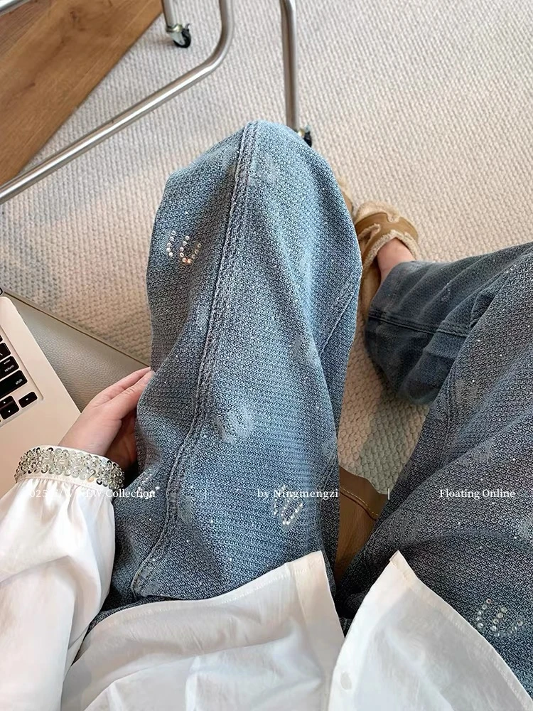 设计感重工烫钻小香风阔腿牛仔裤女春新款高腰显瘦气质休闲直筒裤