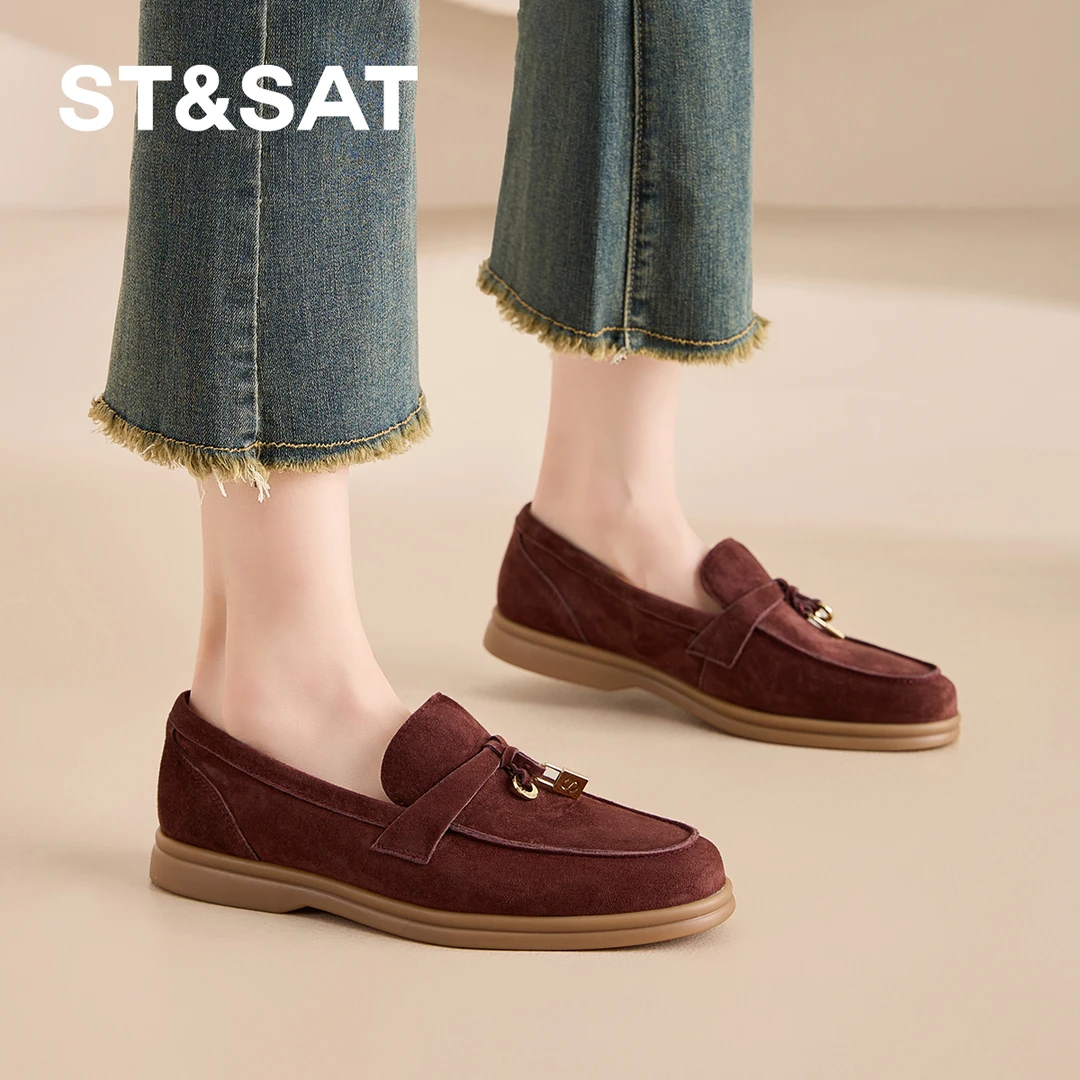 星期六女鞋秋季新款平底舒适妈妈鞋百搭极简风乐福鞋上班族小皮鞋