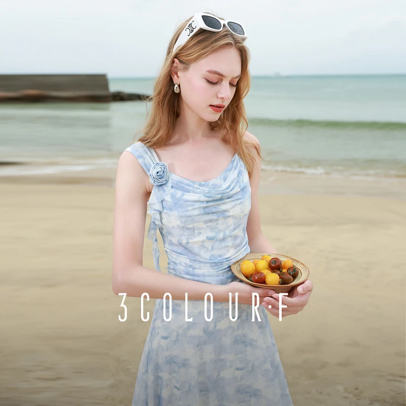 三彩独醒2025夏季新款网纱吊带裙立体花朵荷叶边A字裙长裙F