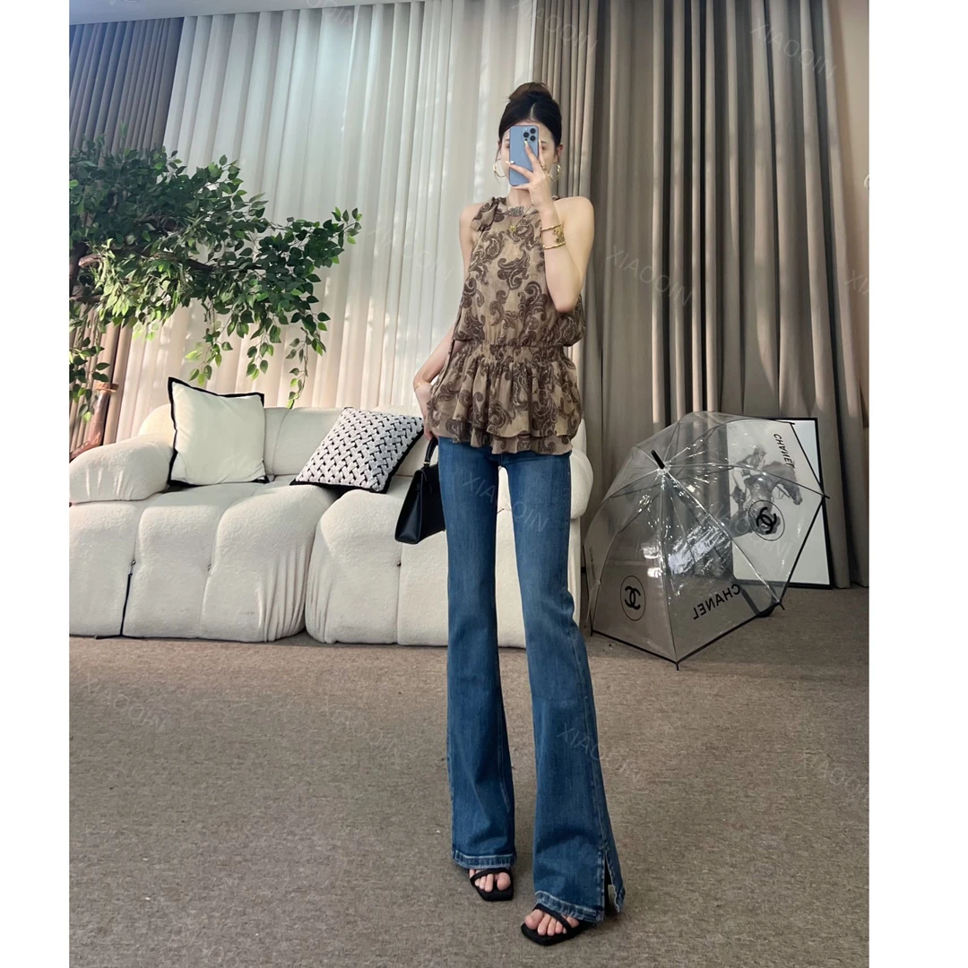 XIAOQIN【浪漫马黛】夏季法式挂脖系带度假荷叶边上衣Y0012