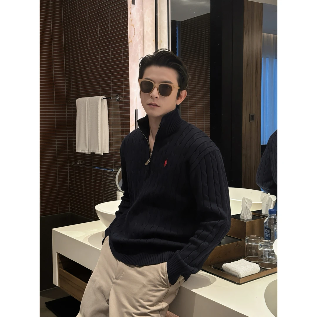 [YFan*琥珀]拉夫还原海岛棉半拉链重工提花半拉链老钱风高定毛衣