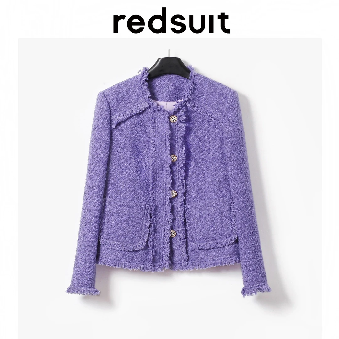 redsuit 超好看！紫色圆领流苏设计小香风粗花呢外套通勤名媛上衣