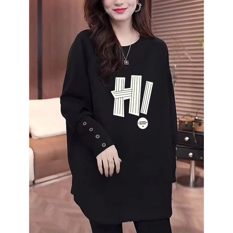 圆领纽扣长袖t恤女2025秋冬中长款宽松搭配鲨鱼裤上衣叠穿打底衫