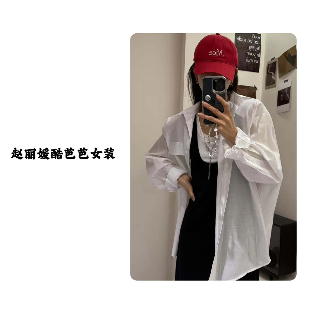 2025夏季新款韩版印花衬衫长袖女中长款宽松透视垫肩防晒爆款衬衫
